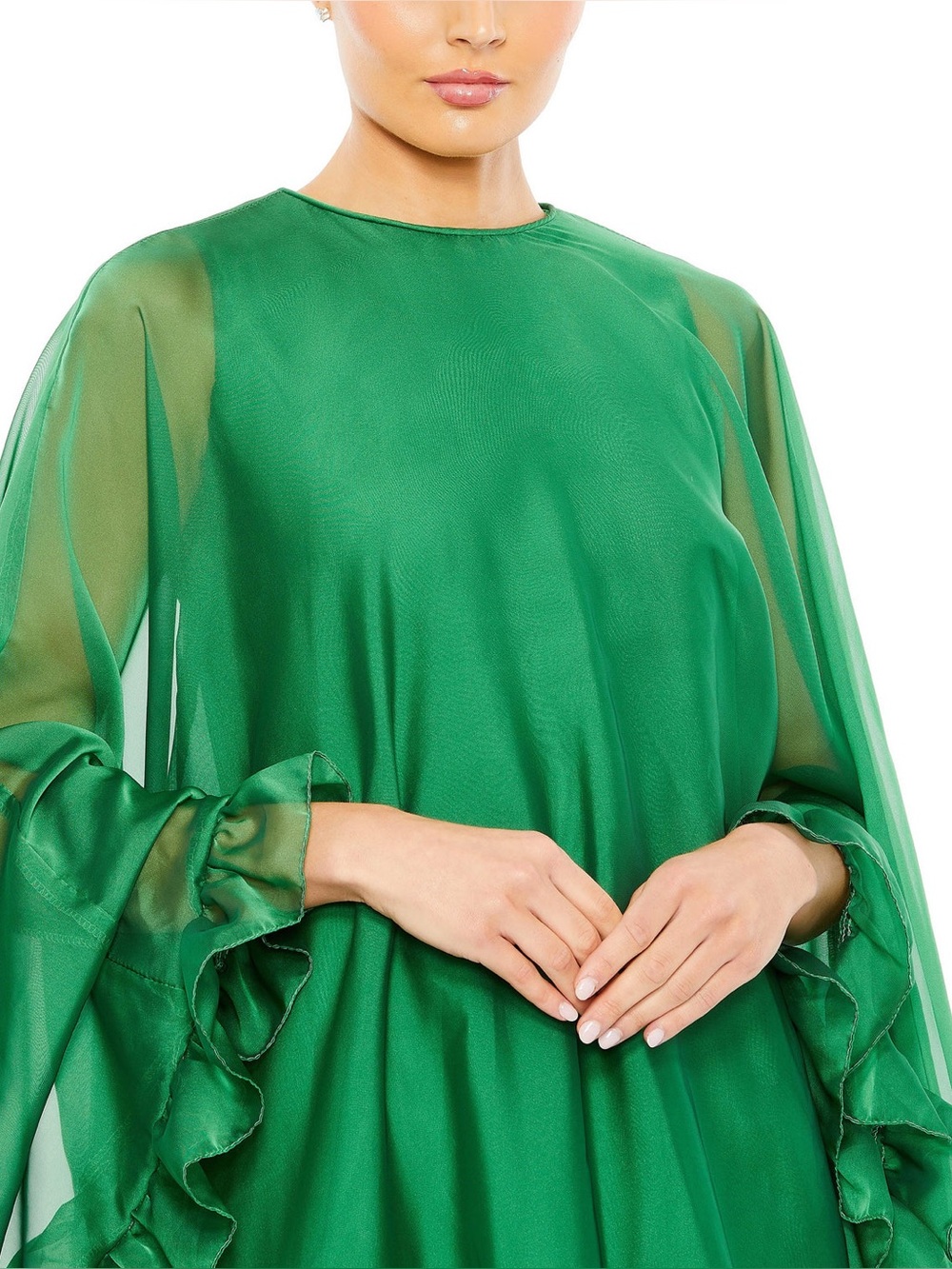 NWT Ieena for Mac Duggal High Neck Ruffle Hem Cape Mini Dress Dark Green SZ 4 - Picture 3 of 6
